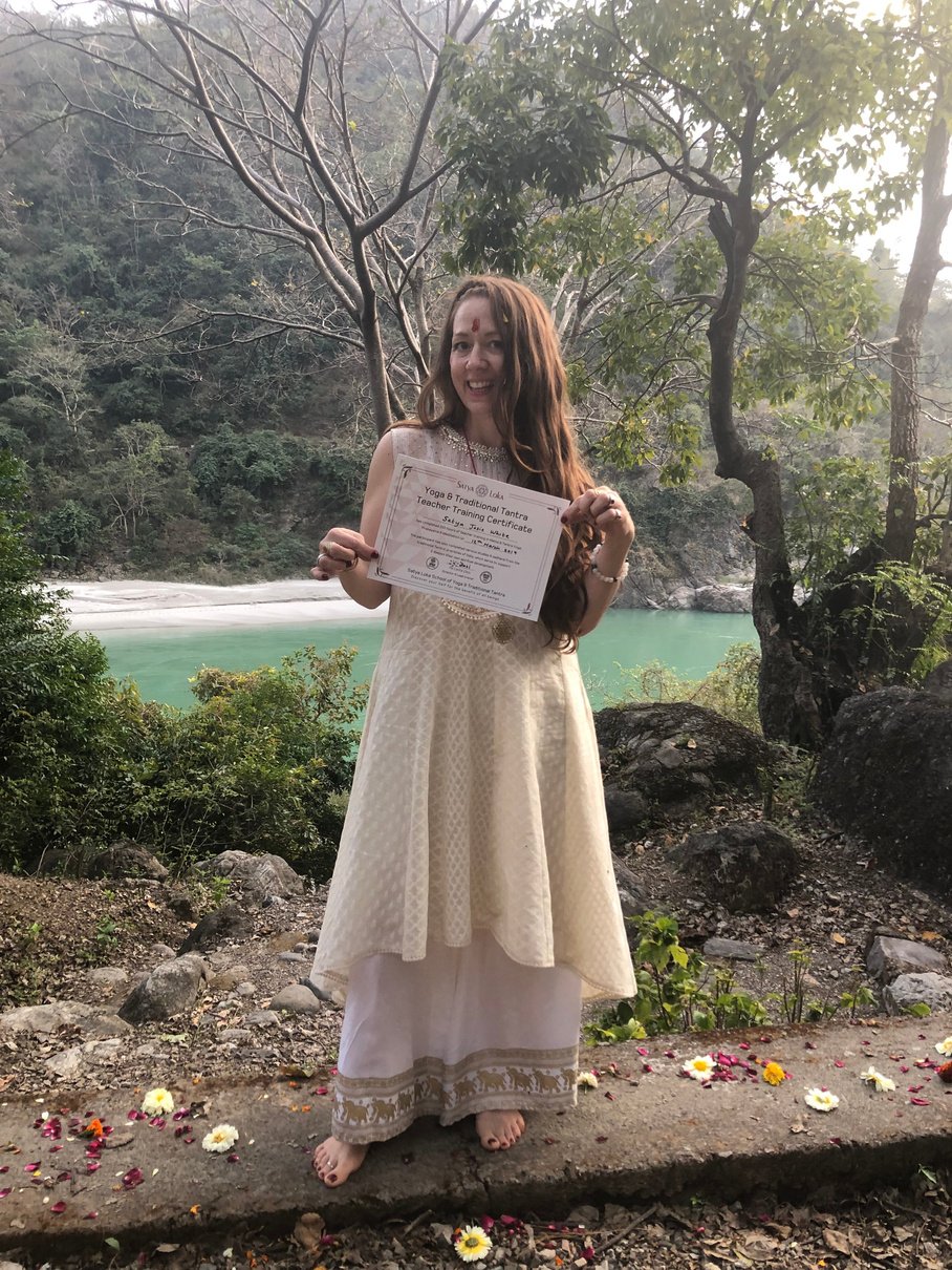 Tantric Yoga Teacher certification graduation in Rishikesh near the Ganges River. 